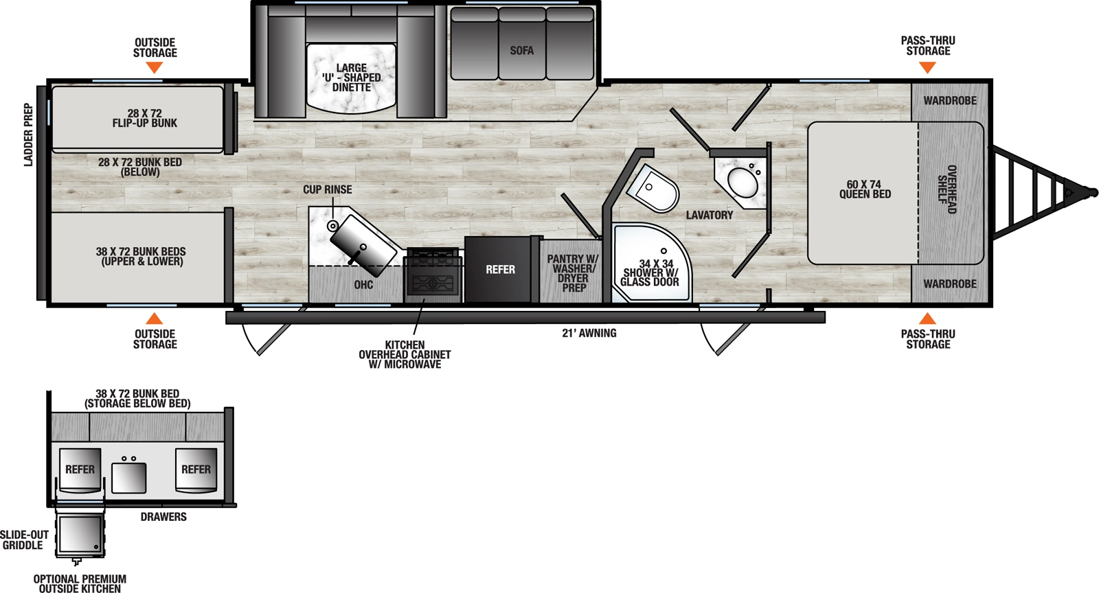 The Viking Travel Trailers 292TB floorplan has two entries and one slide out. Exterior features include: metal exterior, 21' awning and outside kitchen. Interiors features include: bunk beds, u-dinette and front bedroom.
